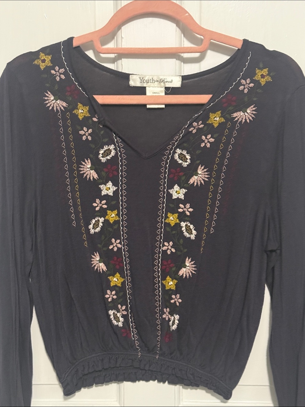 Navy Blue/Grey Embroidered V-Neck Peasant Top